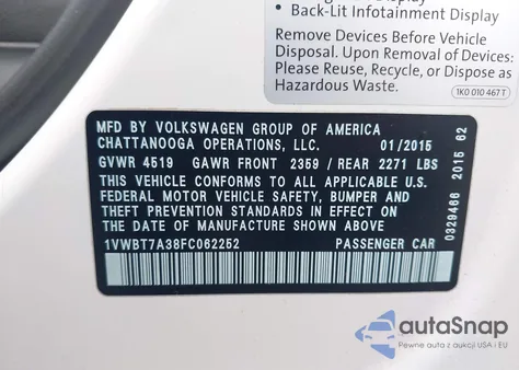 2015 Volkswagen Passat 1.8T Se из США, поврежденный, VIN 1VWBT7A38FC062252